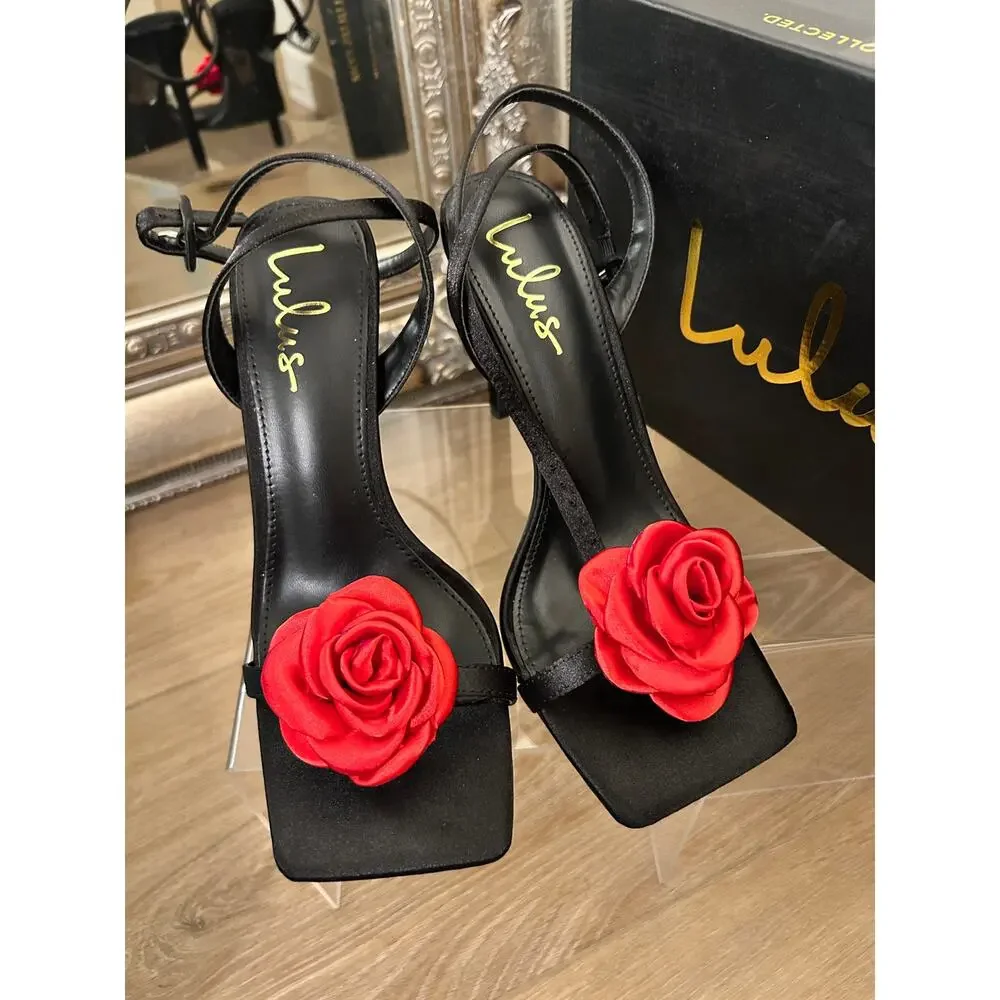 Black Satin Red Rosette Ankle Strap Heels by Lulus Size 7